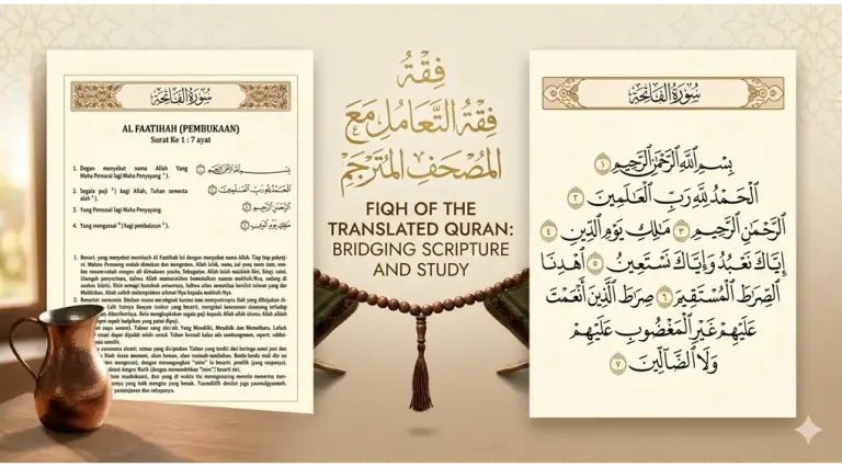 Home 1 Two Qurans on a wooden library table; on the left, a pure Arabic mushaf on a wooden stand, on the right, an open translated Quran.