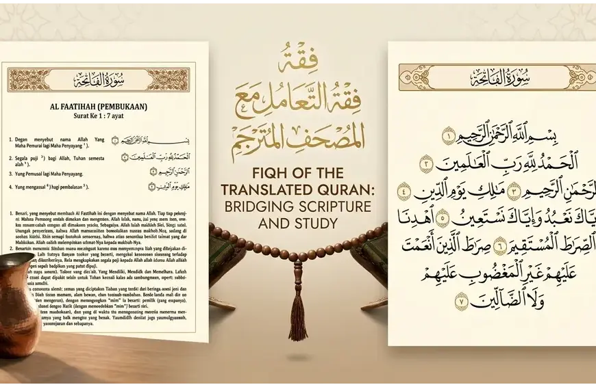 Two Qurans on a wooden library table; on the left, a pure Arabic mushaf on a wooden stand, on the right, an open translated Quran.