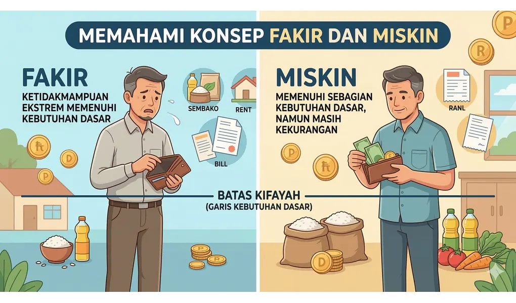 8 Asnaf Penerima Zakat dan Tata Cara Penyalurannya 2 Ilustrasi infografis gaya desain flat yang membandingkan konsep Fakir dan Miskin dalam Islam. Pria Fakir dengan dompet kosong dan sedikit kebutuhan dasar vs Pria Miskin dengan sedikit uang dan lebih banyak kebutuhan dasar di depan garis Batas Kifayah.
