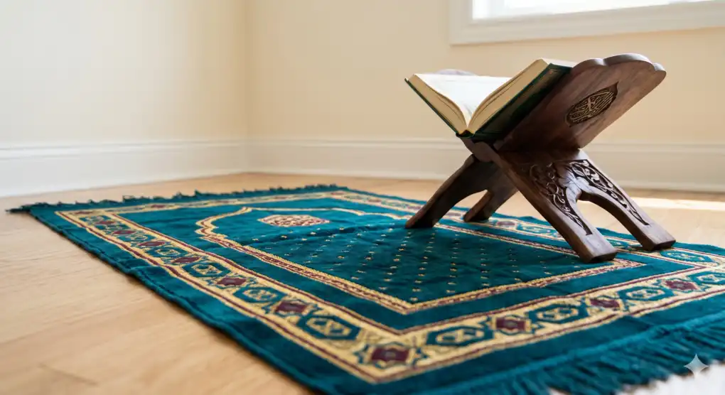 Sajadah tergelar rapi menghadap kiblat dengan Al-Qur'an di atas rehal kayu.