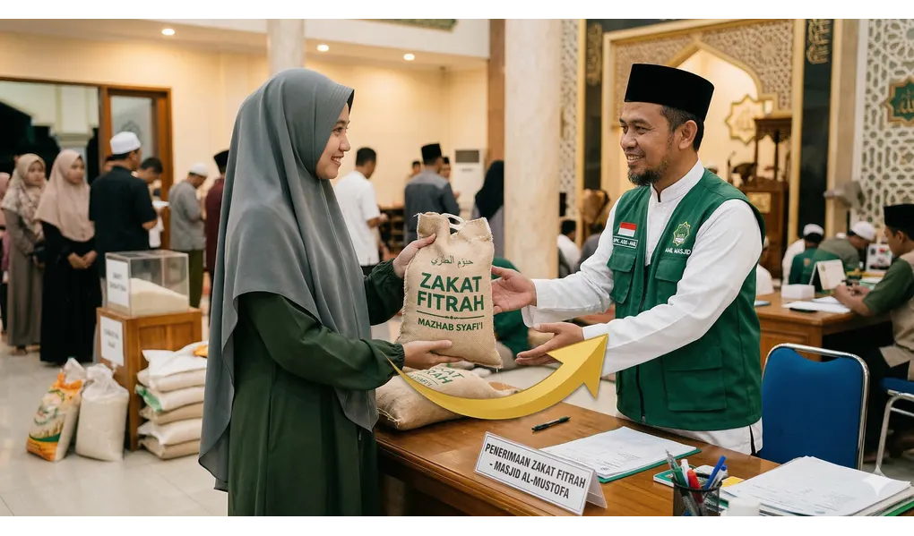 Ukuran Akurat 1 Sha' Makanan Pokok Menurut Ulama Syafi'iyah 4 foto muslimah syari menyerahkan karung beras zakat fitrah bertuliskan mazhab syafii kepada amil masjid