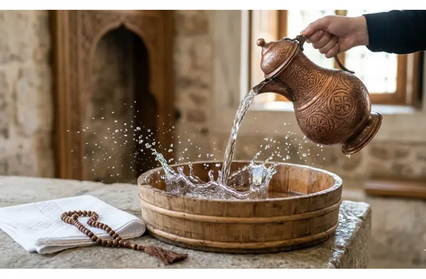 Crystal-clear water being poured from a classic copper pitcher into a wooden basin for thaharah preparation.