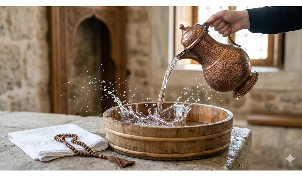 Understanding the Types of Water in Islam: A Complete Guide to Purification 1 Crystal-clear water being poured from a classic copper pitcher into a wooden basin for thaharah preparation.
