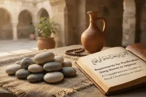 Home 11 Illustration showing stones used for istijmar and a book explaining the requirements of purification in Islam.