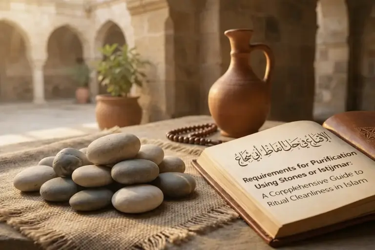 Illustration showing stones used for istijmar and a book explaining the requirements of purification in Islam.