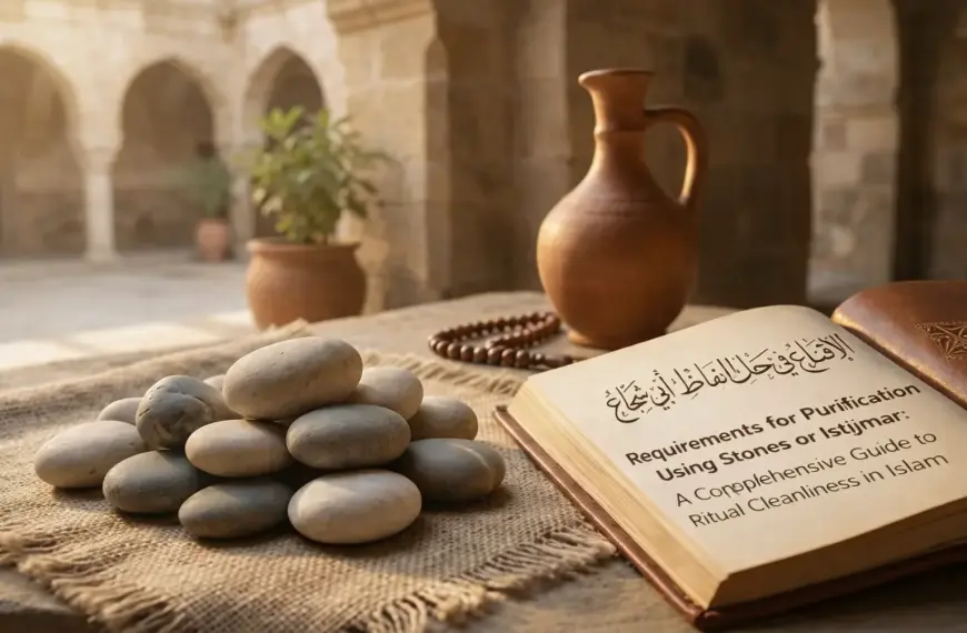 Illustration showing stones used for istijmar and a book explaining the requirements of purification in Islam.