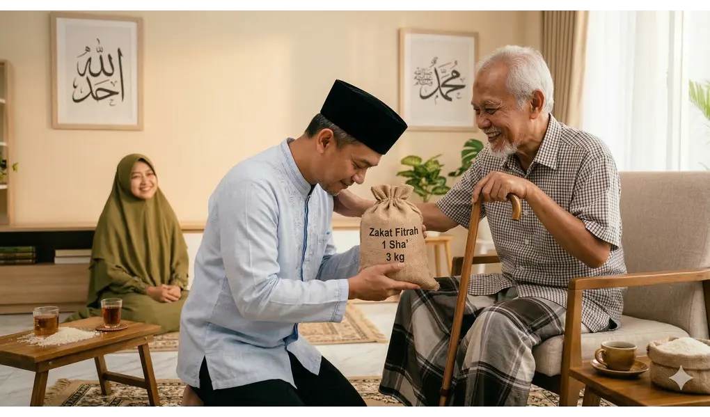 Who Are the Zakat Fitrah Dependents for a Head of Family? 3 A Muslim son respectfully handing a Zakat al-Fitr rice bag to his elderly father, illustrating the rule of financial maintenance.