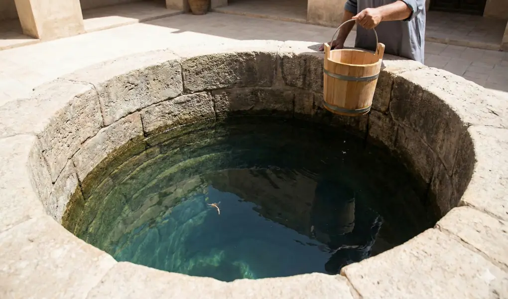 How to Handle and Purifying Well Water Contaminated by Najis: Insights from Asna al-Matalib 3 A person holds a wooden bucket over the edge of a stone well filled with clear water (a large volume, or more than two qullahs). Although there are a few small objects floating, the water still looks clean.
