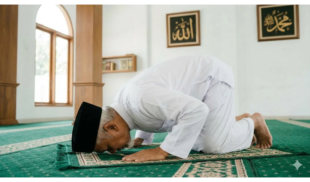 The Meaning of Islam Linguistically and in Shariah: Outward Submission in the Five Pillars 2 A Muslim man performing sujud on a prayer rug, symbolizing total submission or Al-Inqiyad in Islam.