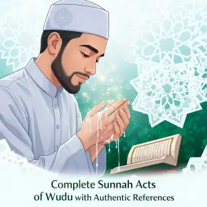 Home 13 Illustration of a Muslim man performing wudu with water flowing over his hands and a Quran beside him, representing sunnah acts of ablution.