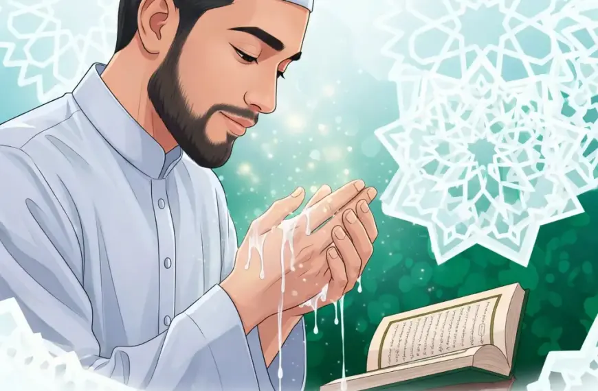 Illustration of a Muslim man performing wudu with water flowing over his hands and a Quran beside him, representing sunnah acts of ablution.
