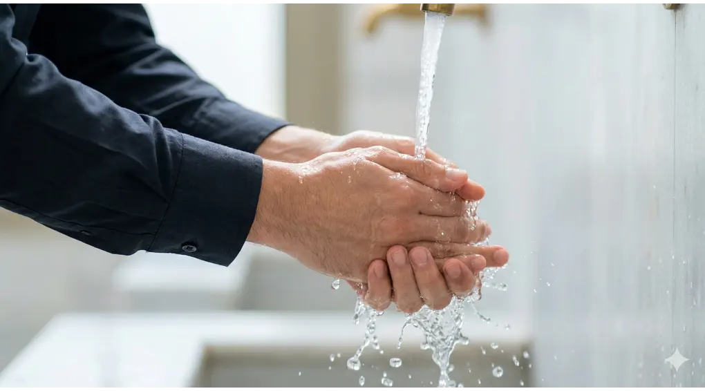 Sunnah dan Adab Mandi Wajib Menurut Madzhab Syafi'i: Panduan Sesuai Tuntunan Nabi 2 Sebuah foto macro close-up yang menyegarkan menampilkan air jernih yang mengalir membasahi sepasang tangan berlengan panjang yang digulung rapi, fokus pada percikan air dan tindakan wudhu.