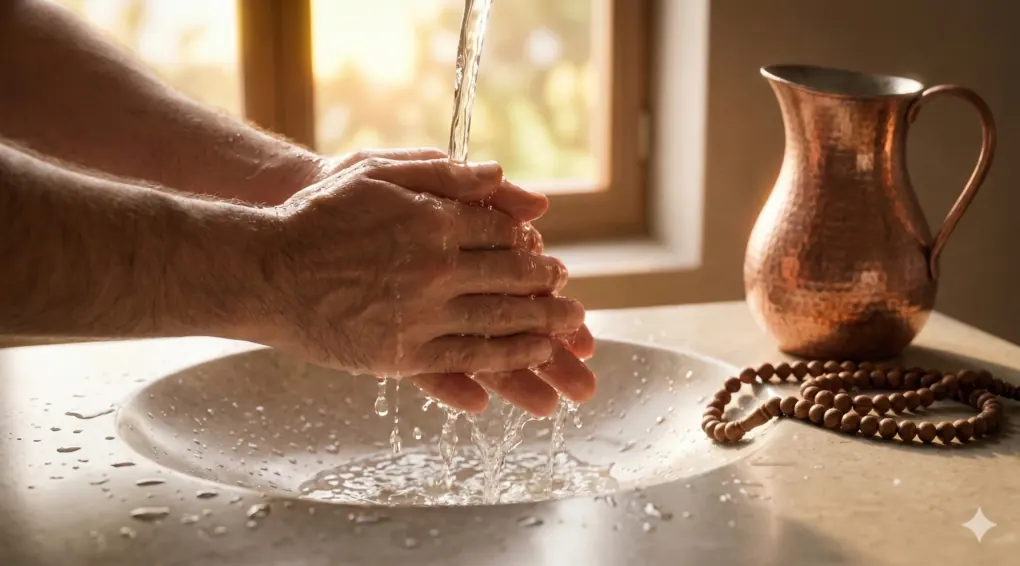 Rules of Junub in Shafii Fiqh: A Daily Jurisprudence Guide 3 Crystal-clear water flowing over a person's hands performing ablution (wudu) over a minimalist stone basin, with a copper pitcher and prayer beads nearby.