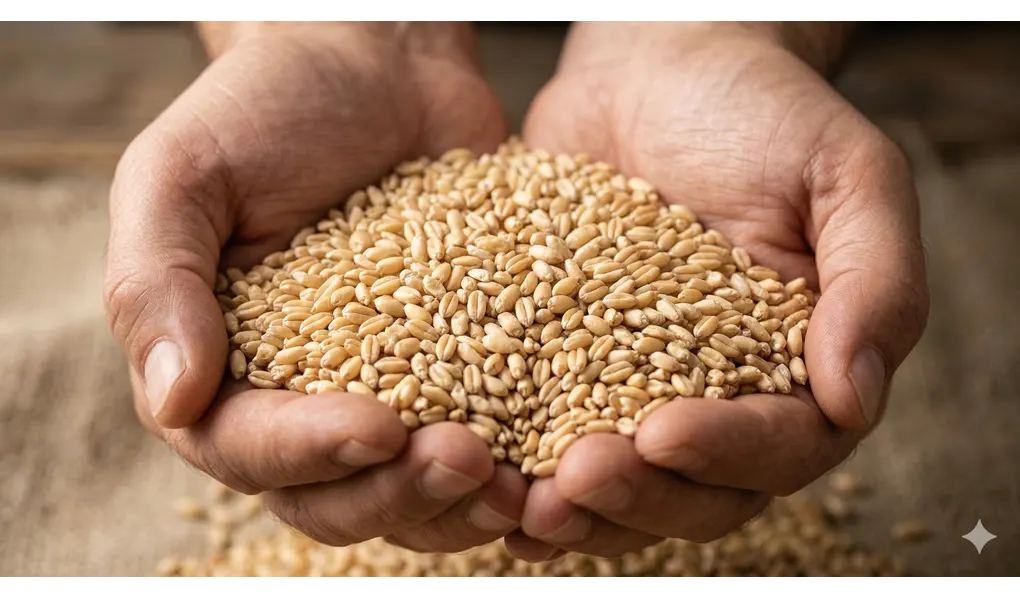 Ukuran Akurat 1 Sha' Makanan Pokok Menurut Ulama Syafi'iyah 2 foto close-up segenggam penuh biji gandum atau beras dalam kedua telapak tangan pria dewasa