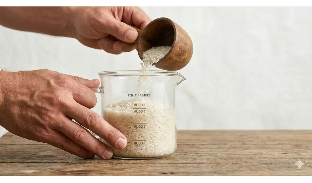 Panduan Lengkap Zakat Fitrah Sesuai Mazhab Syafi'i 2 Ilustrasi tangan menakar beras menggunakan mud untuk memenuhi volume 1 sha zakat fitrah.