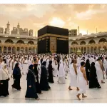 Meaning of Hajj: Exploring the Definition, Rulings, and Pillars in Islam Thousands of Muslim pilgrims in Ihram garments and proper hijabs perform Tawaf around the Kaaba in Masjidil Haram, Makkah, during the golden hour of sunset.