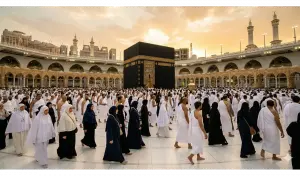 Shafi'i School of Jurisprudence: The Complete Guide to Islamic Law, Prayers, and Tasawuf 9 Thousands of Muslim pilgrims in Ihram garments and proper hijabs perform Tawaf around the Kaaba in Masjidil Haram, Makkah, during the golden hour of sunset.