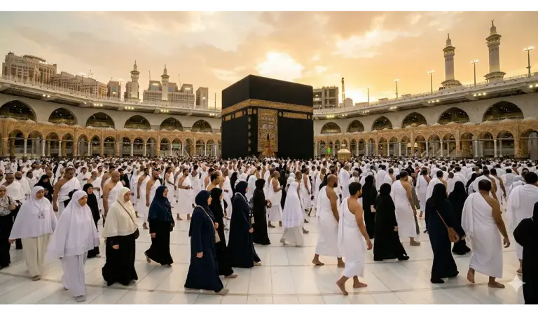 Shafi'i School of Jurisprudence: The Complete Guide to Islamic Law, Prayers, and Tasawuf 1 Thousands of Muslim pilgrims in Ihram garments and proper hijabs perform Tawaf around the Kaaba in Masjidil Haram, Makkah, during the golden hour of sunset.