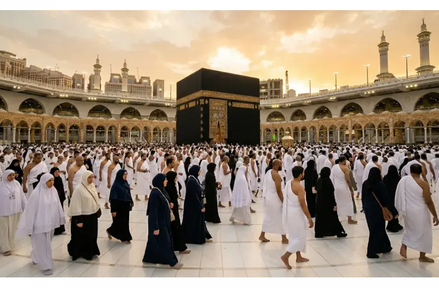 Thousands of Muslim pilgrims in Ihram garments and proper hijabs perform Tawaf around the Kaaba in Masjidil Haram, Makkah, during the golden hour of sunset.