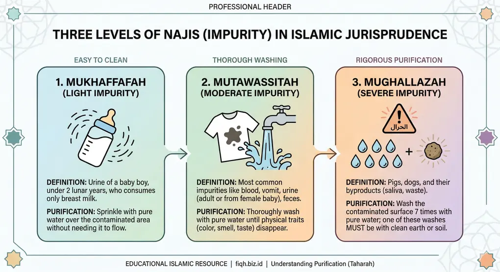 Understanding the Types of Najis in Islam and How to Purify Them 3 Infographic detailing the three levels of najis in Islam: mukhaffafah (light), mutawassitah (moderate), and mughallazah (severe) with their purification methods.