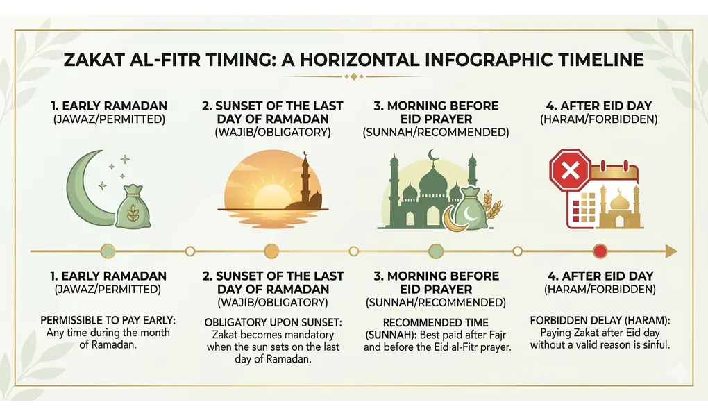Waktu Jatuh Tempo Zakat Fitrah (Tenggelamnya Matahari Akhir Ramadan) 4 Infografis timeline waktu Zakat Al-Fitr yang menampilkan empat tahap, dari awal Ramadhan hingga setelah Idul Fitri.
