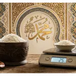 wadah kayu takaran 1 sha penuh beras dan timbangan digital modern 2.5 kg zakat fitrah