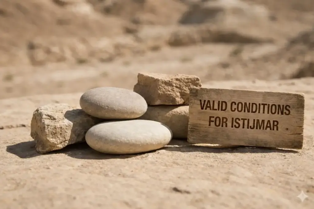 The Complete Guide to the Rules of Istinja with Stones and Istijmar 2 Illustration representing the valid conditions for performing istijmar in Islamic purification.