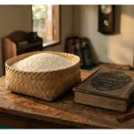 White rice in a bamboo basket and Kitab Asna al-Matalib on a wooden table for zakat al-fitr.