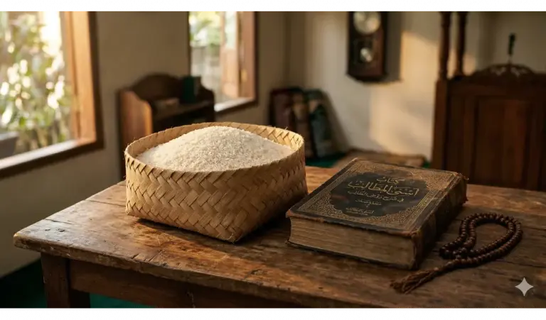 Home 1 White rice in a bamboo basket and Kitab Asna al-Matalib on a wooden table for zakat al-fitr.