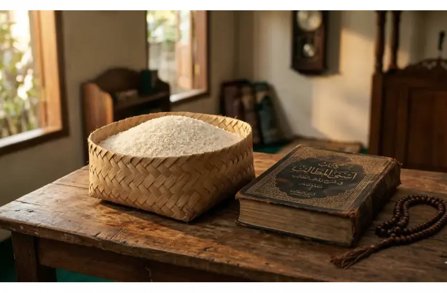 White rice in a bamboo basket and Kitab Asna al-Matalib on a wooden table for zakat al-fitr.