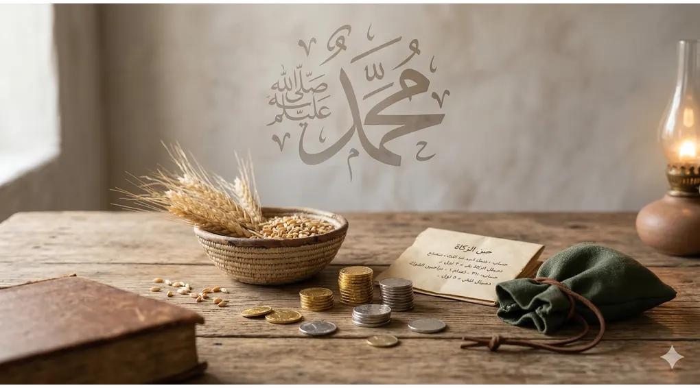 Panduan Zakat Lengkap dalam Fikih Syafi'i: Syarat, Jenis & Tata Cara 2 Tumpukan koin dinar emas, dirham perak, dan bulir gandum di atas meja kayu berdampingan dengan kitab fikih klasik dan latar belakang kaligrafi Muhammad.