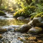 Clear water flowing near a classical Fiqh book symbolizing the fitrah of purification.