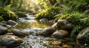 Clear water flowing near a classical Fiqh book symbolizing the fitrah of purification.