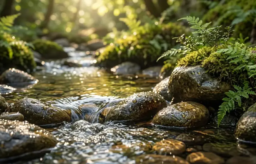 Clear water flowing near a classical Fiqh book symbolizing the fitrah of purification.