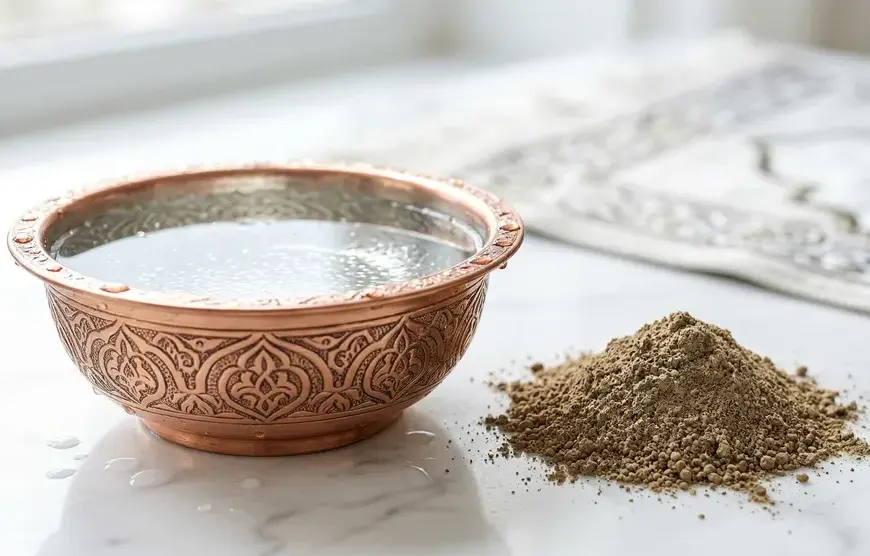 Shafi'i School of Jurisprudence: The Complete Guide to Islamic Law, Prayers, and Tasawuf 23 A copper bowl of absolute water next to pure earth for purifying najis mughallazah.