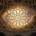 names of angels in islam: Glowing Islamic geometric patterns in a starry nebula night sky symbolizing angels managing the universe.