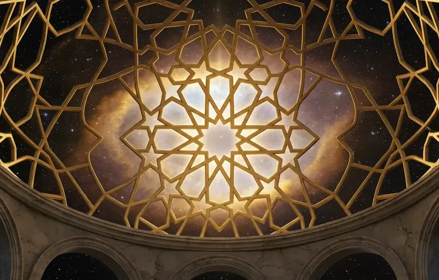 names of angels in islam: Glowing Islamic geometric patterns in a starry nebula night sky symbolizing angels managing the universe.