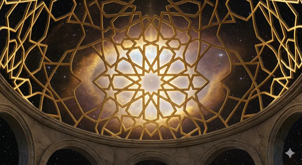 names of angels in islam: Glowing Islamic geometric patterns in a starry nebula night sky symbolizing angels managing the universe.