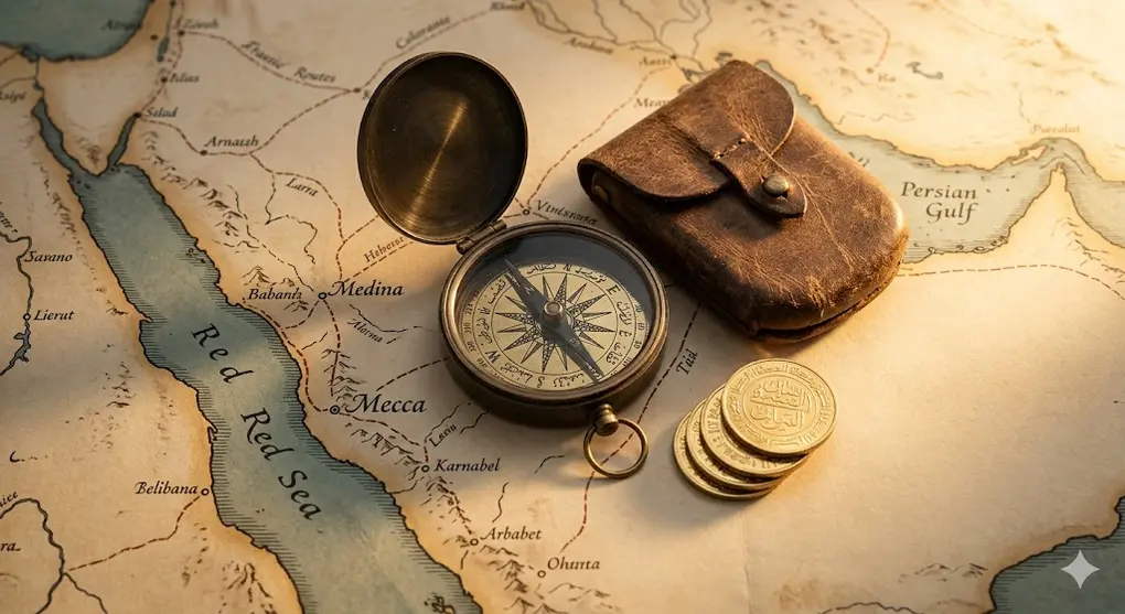 The 6 Obligatory Conditions of Hajj and Umrah: Responding to the Divine Call 3 obligatory conditions of Hajj: An antique compass, a leather pouch containing golden coins (dinars) with Arabic script, and a classical map of the Arabian Peninsula resting on a table, symbolizing istitha'ah (capability) and secure travel as obligatory conditions of Hajj and Umrah. Direct top-down view.