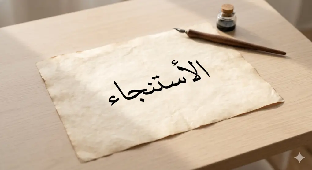 The Meaning of Istinja: Foundation of Purity in Islam 2 istinja definition: Arabic calligraphy of the word Al-Istinja on classic parchment paper with an ink pen, representing the linguistic definition of istinja.