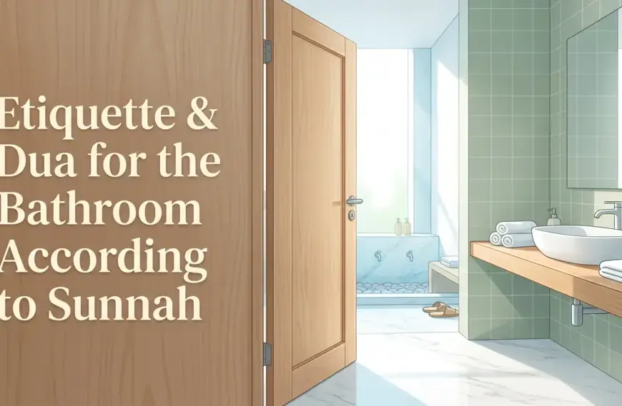 Aesthetic, partly-open wooden bathroom door with the text overlay "Etiquette & Dua for the Bathroom According to Sunnah", showing a clean wastafel and wudhu area inside.