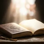 An open journal illuminated by golden light representing angels recording human deeds.