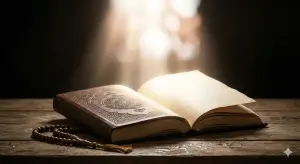 Shafi'i School of Jurisprudence: The Complete Guide to Islamic Law, Prayers, and Tasawuf 5 An open journal illuminated by golden light representing angels recording human deeds.