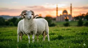 Shafi'i School of Jurisprudence: The Complete Guide to Islamic Law, Prayers, and Tasawuf 15 Perfect white horned ram for Qurban sacrifice in a green pasture