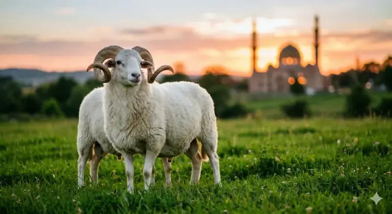 Perfect white horned ram for Qurban sacrifice in a green pasture