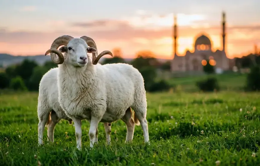 Shafi'i School of Jurisprudence: The Complete Guide to Islamic Law, Prayers, and Tasawuf 25 Perfect white horned ram for Qurban sacrifice in a green pasture