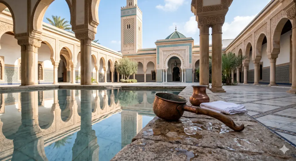 Mediums of Thaharah: Islamic Purification Tools and Their Importance 4 A beautiful traditional copper dipper on the edge of a clear water pool in a classic mosque courtyard, reflecting mosque pillars and creating an atmosphere of tranquility.