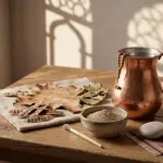 Still life composition of mediums of thaharah: copper water pitcher, clay bowl with soil for tayammum, acacia pods for tanning, and stones for istinja on a solid wood table with Islamic window shadows.