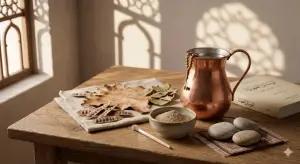 Shafi'i School of Jurisprudence: The Complete Guide to Islamic Law, Prayers, and Tasawuf 9 Still life composition of mediums of thaharah: copper water pitcher, clay bowl with soil for tayammum, acacia pods for tanning, and stones for istinja on a solid wood table with Islamic window shadows.