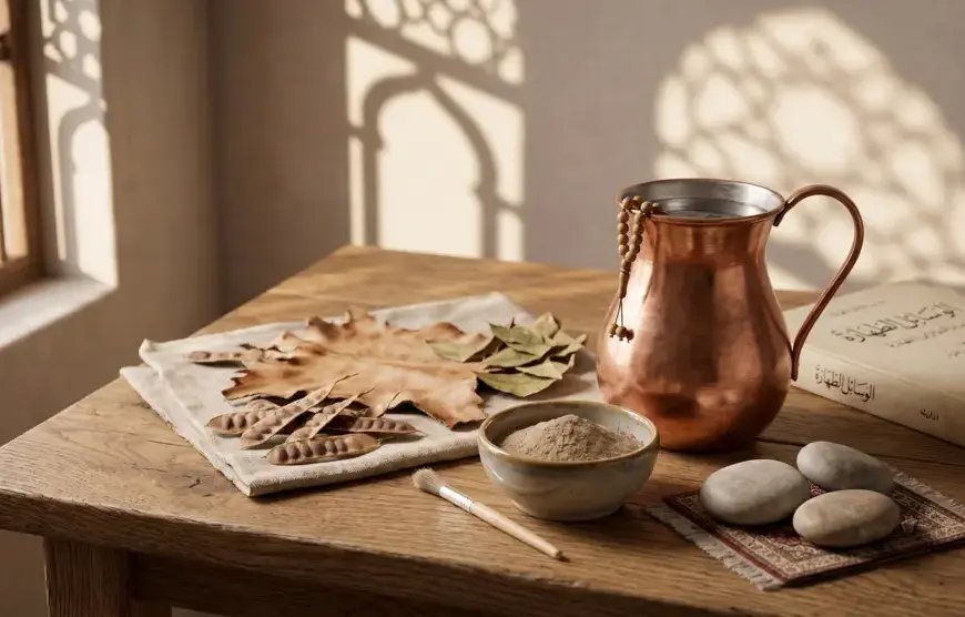 Still life composition of mediums of thaharah: copper water pitcher, clay bowl with soil for tayammum, acacia pods for tanning, and stones for istinja on a solid wood table with Islamic window shadows.